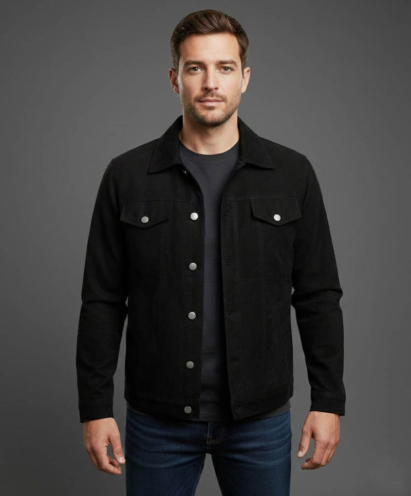 Men's Black Cafe Racer Suede Jacket - Front