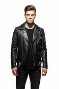 Black Leather Gothic Biker Jacket for Men - Front