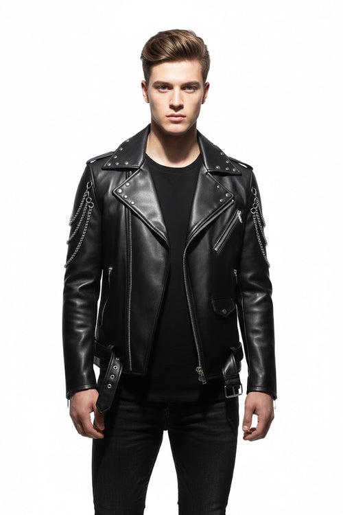 Black Leather Gothic Biker Jacket for Men - Front
