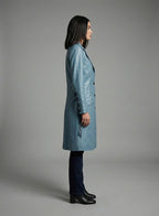 Women's Blue Leather Long Coat - Back