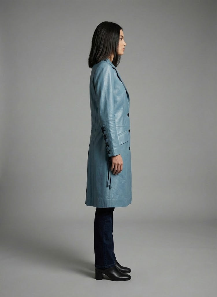 Women's Blue Leather Long Coat - Back