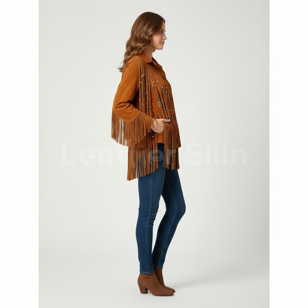 Women's Tan Western Fringe Suede Leather Jacket - Back