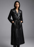 Long Black Leather Trench Coat - Front