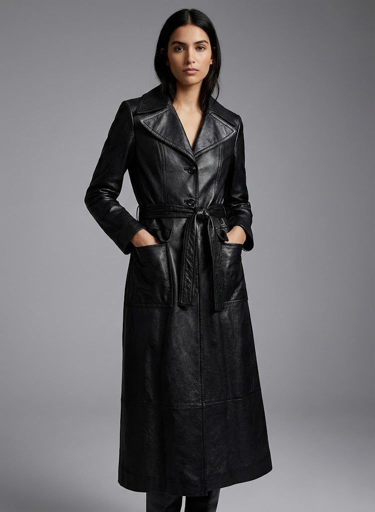 Long Black Leather Trench Coat - Front