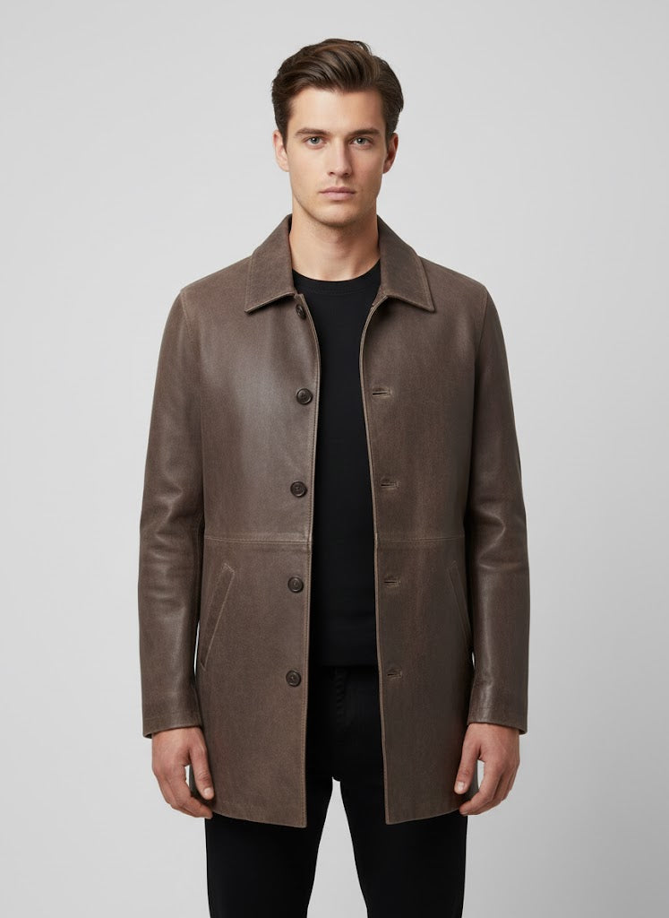 Men's Distressed Dark Brown Leather Coat - Front