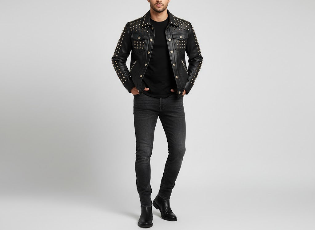 Men's Studded Black Leather Jacket - Front