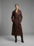 Handmade Brown Leather Trench Coat with Belt - Front