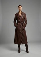 Handmade Brown Leather Trench Coat with Belt - Front