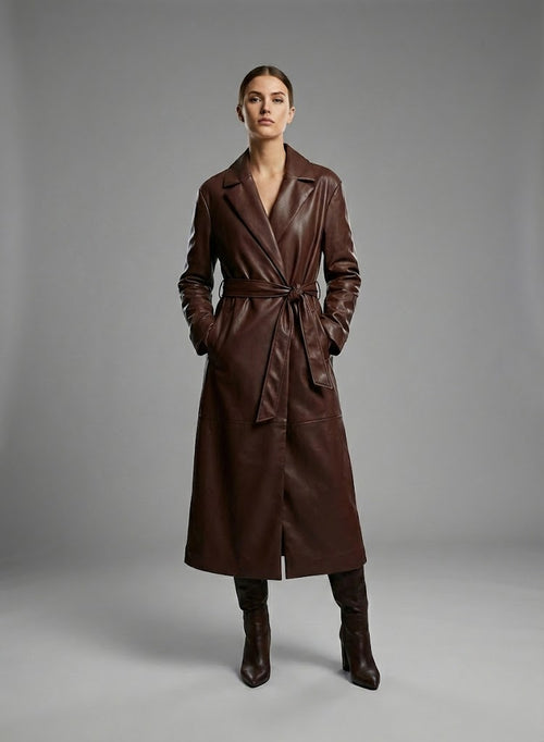 Handmade Brown Leather Trench Coat with Belt - Front