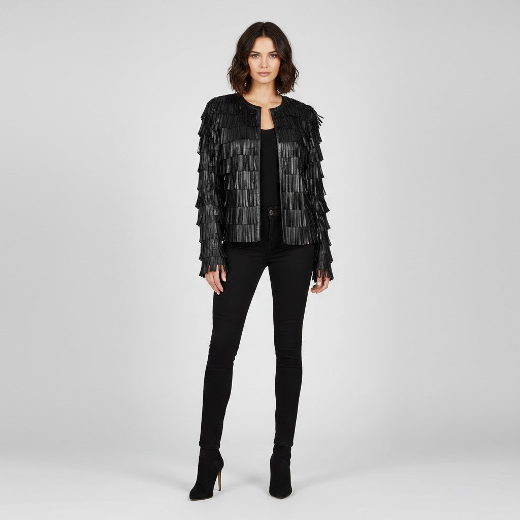 Women's Full Fringe Black Leather Jacket - Front