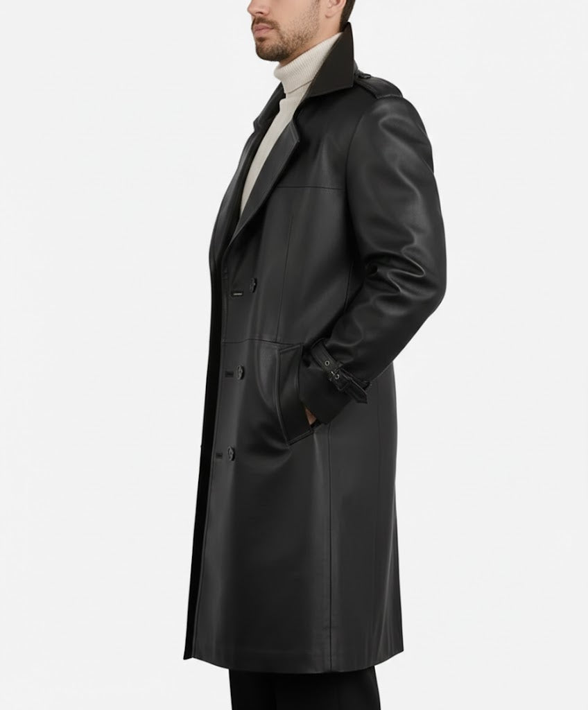 Men's Classic Genuine Leather Trench Coat - Back