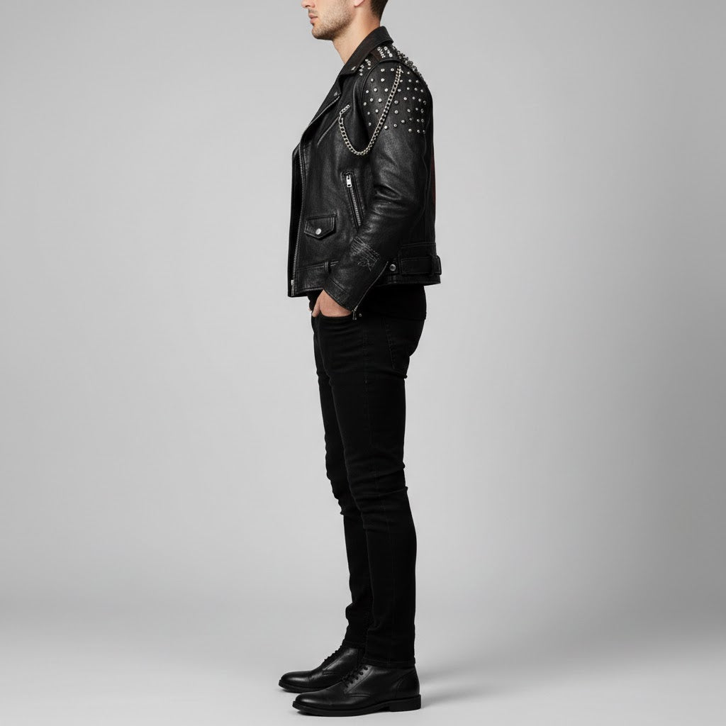 Men's Studded Lambskin Leather Biker Jacket - Left