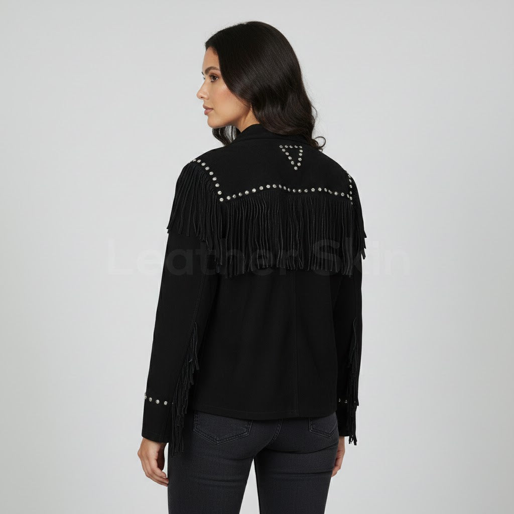 Women's Black Western Leather Jacket - Left