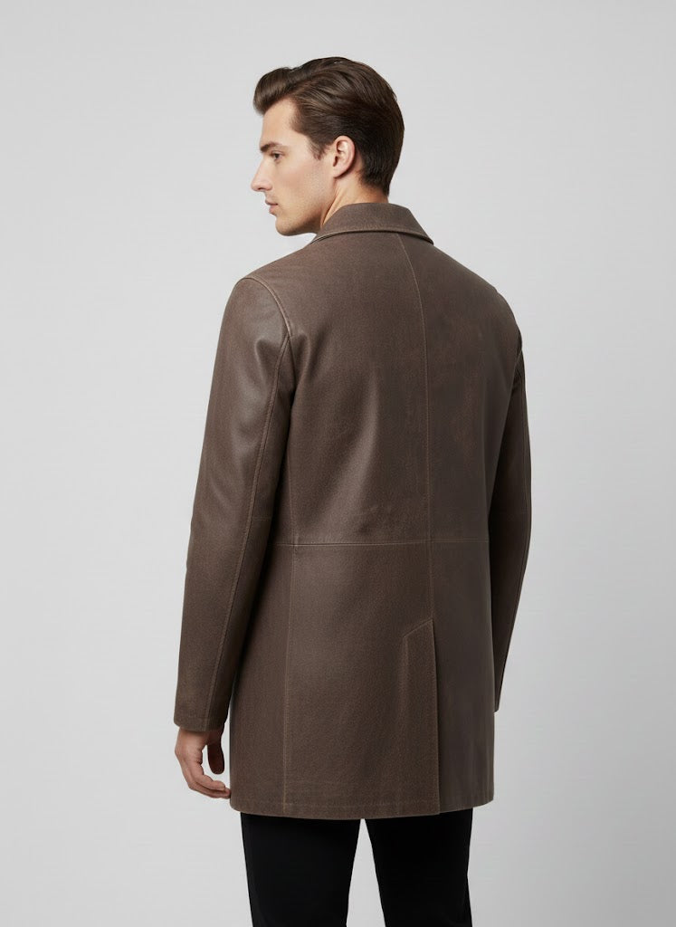 Men's Distressed Dark Brown Leather Coat - Left