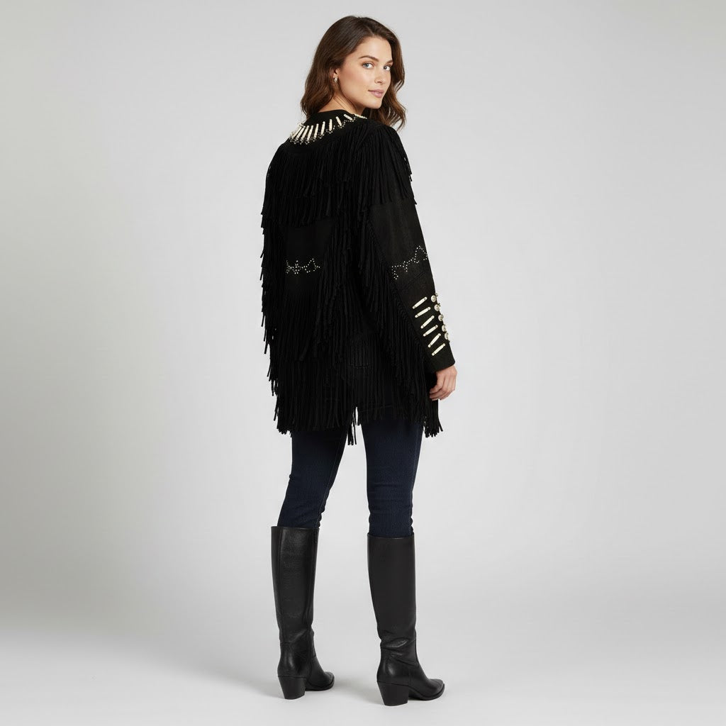 Women's Black Western Biker Leather Jacket - Left