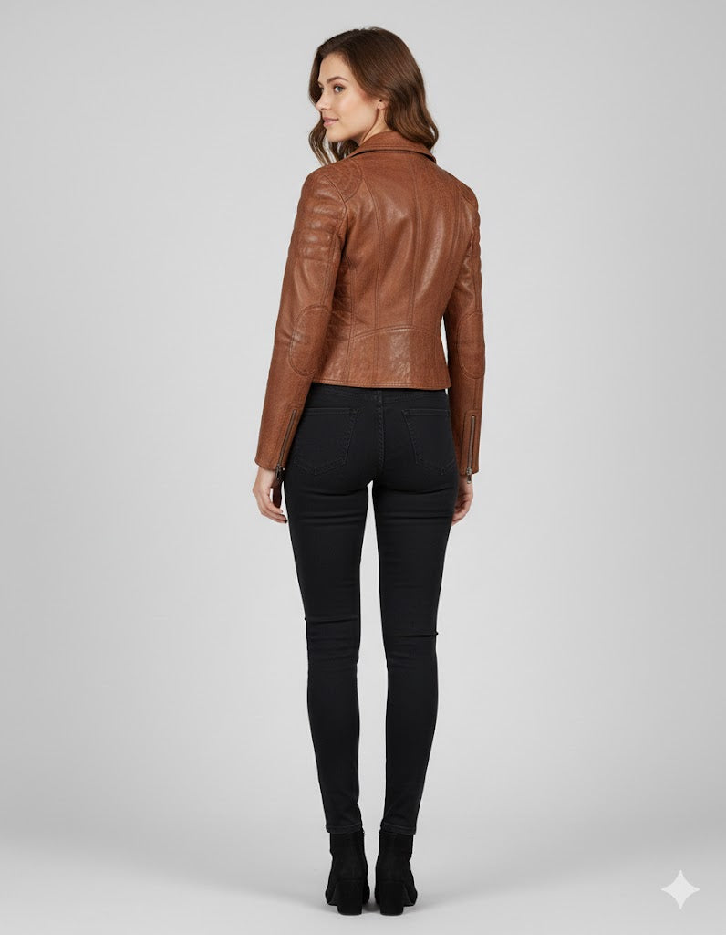 Brown Leather Biker Jacket for Women - Left