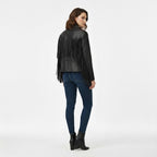 Women's Black Leather Tassel Western Jacket - Left