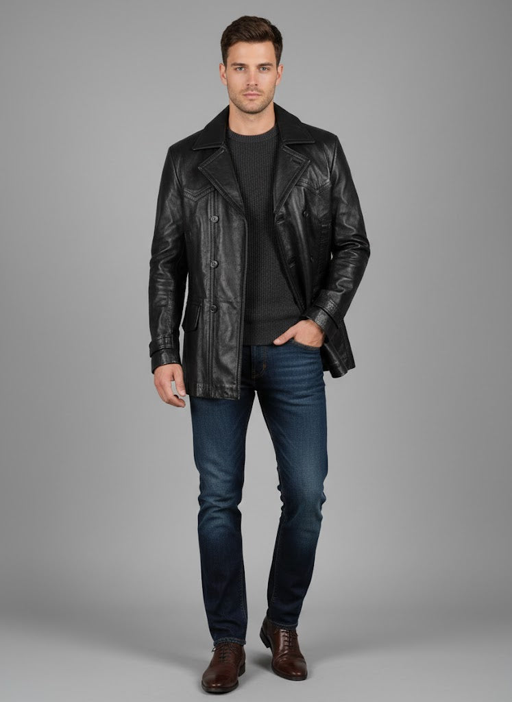 Connor Black Leather Coat for Men - Front