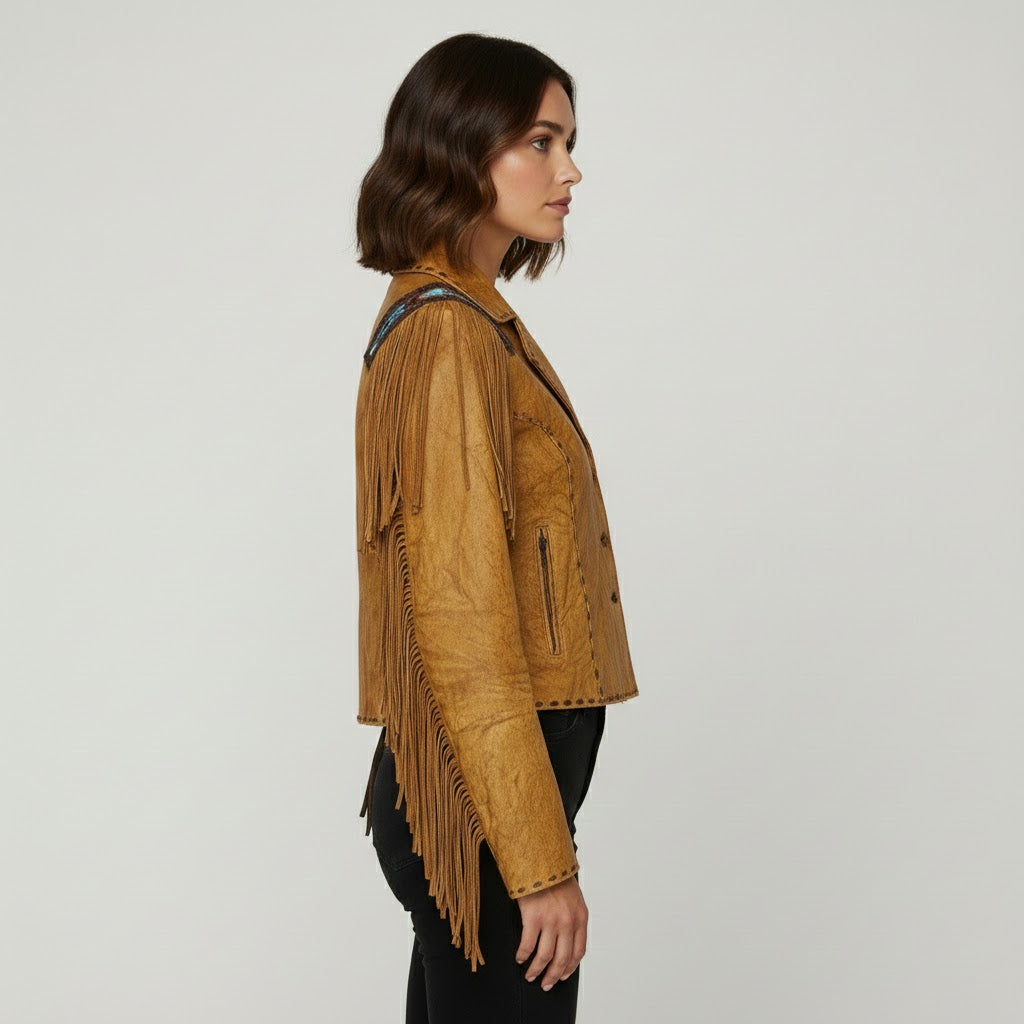 Women's Western Fringe Leather Jacket - Left