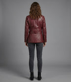 Women's Burgundy Real Leather Biker Jacket Classic Moto - Left