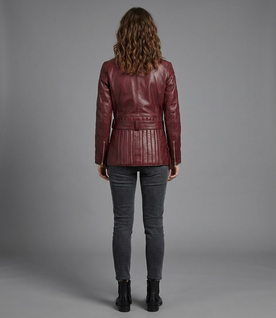 Women's Burgundy Real Leather Biker Jacket Classic Moto - Left