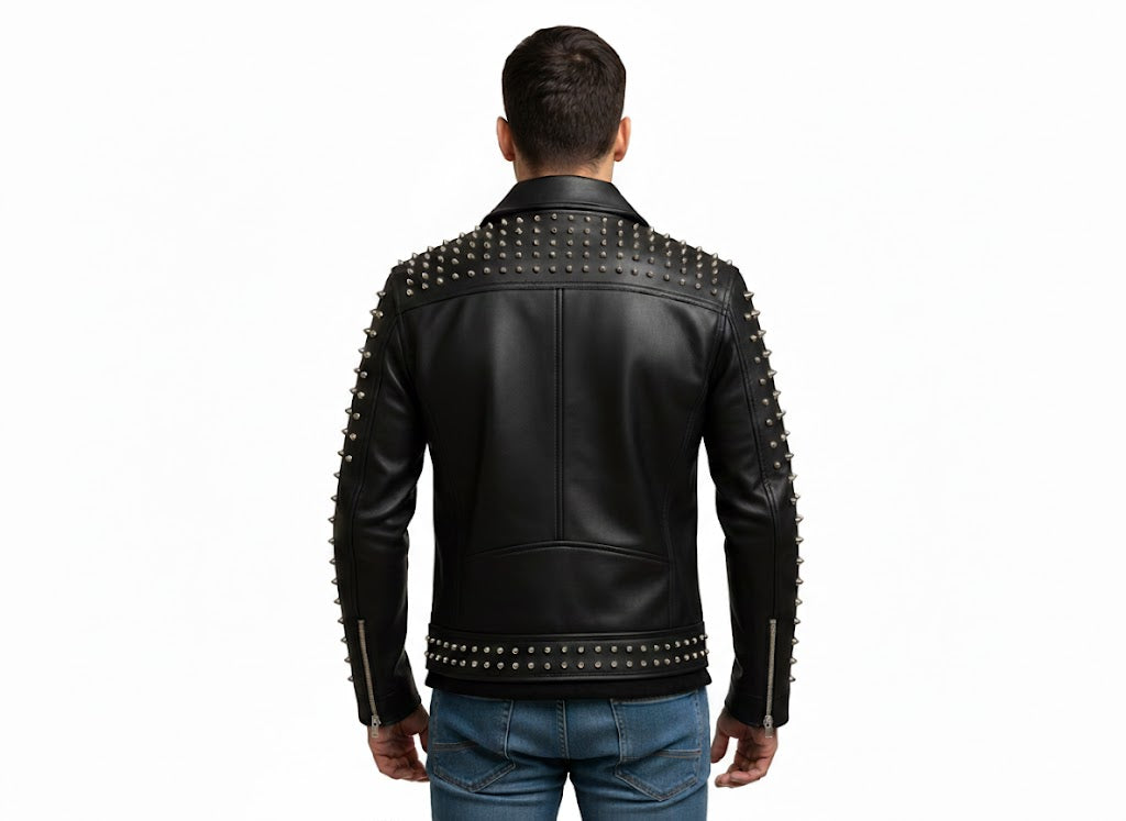 Men's Studded Black Leather Jacket - Left