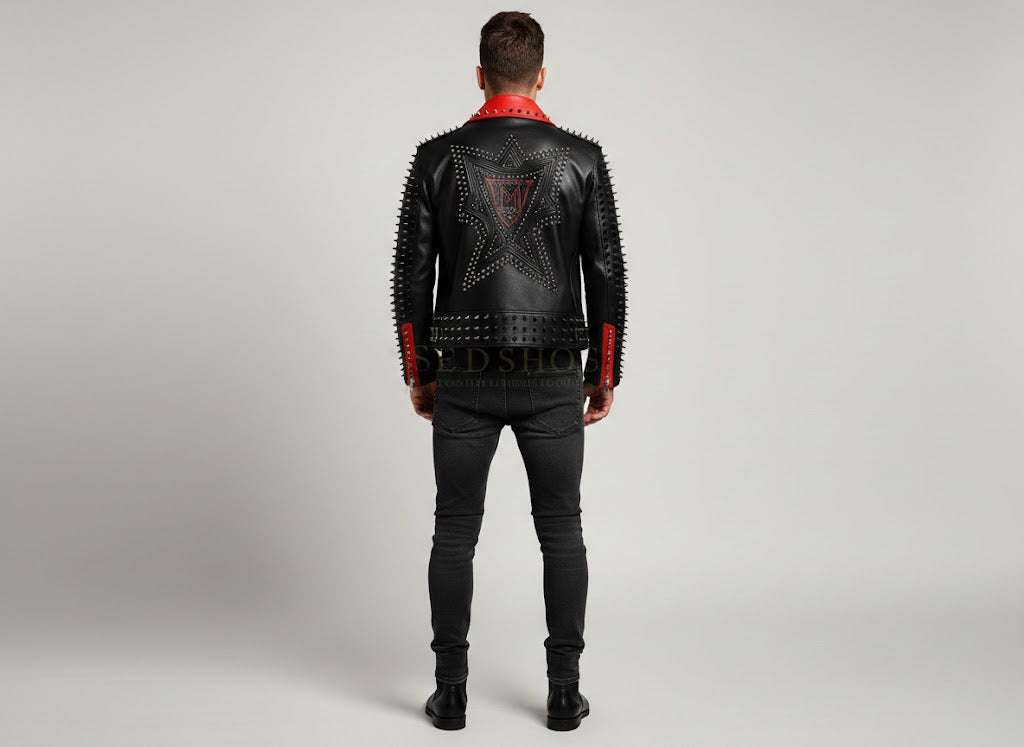 Men's Red and Black Studded Leather Jacket - Left