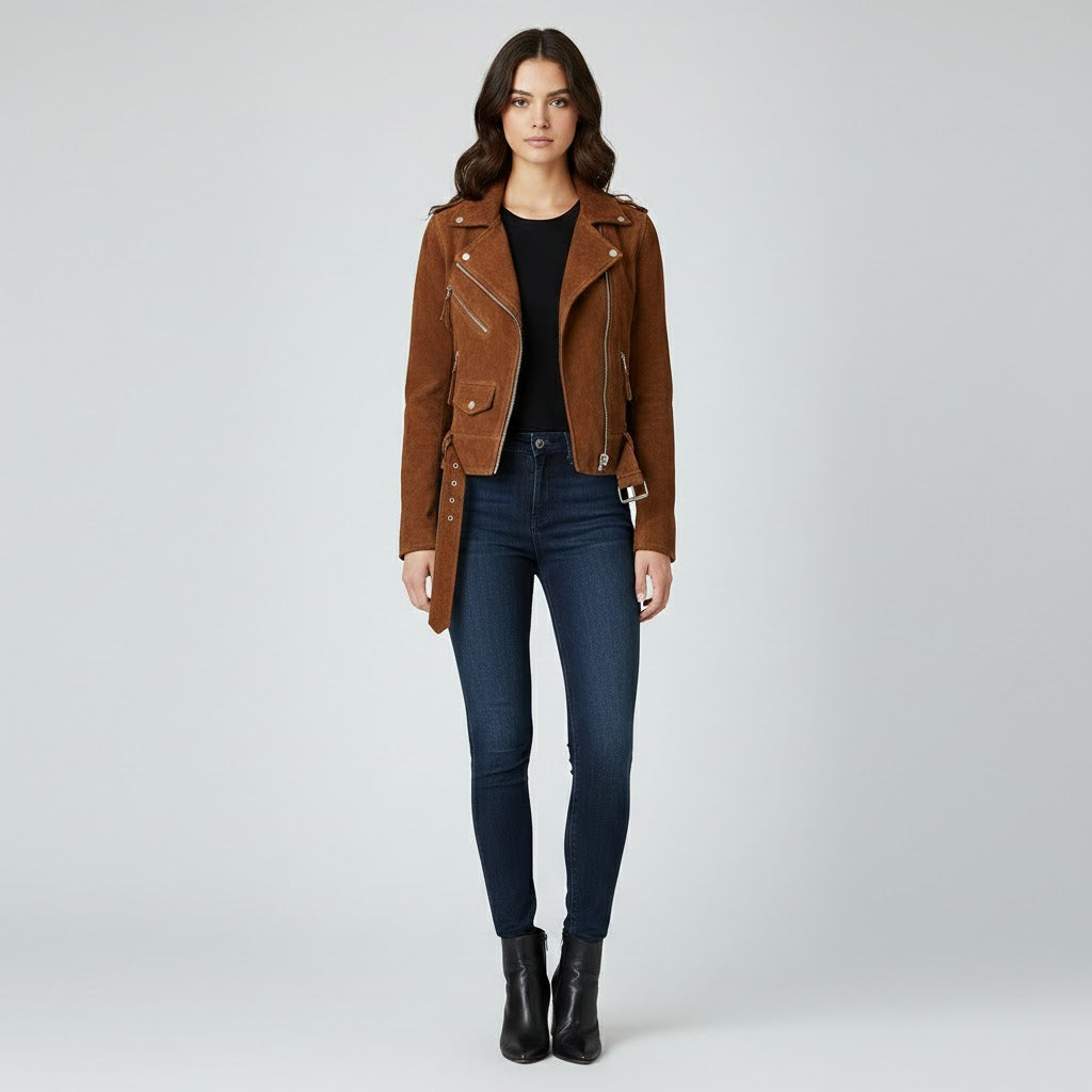 Women's Brown Suede Biker Jacket - Front