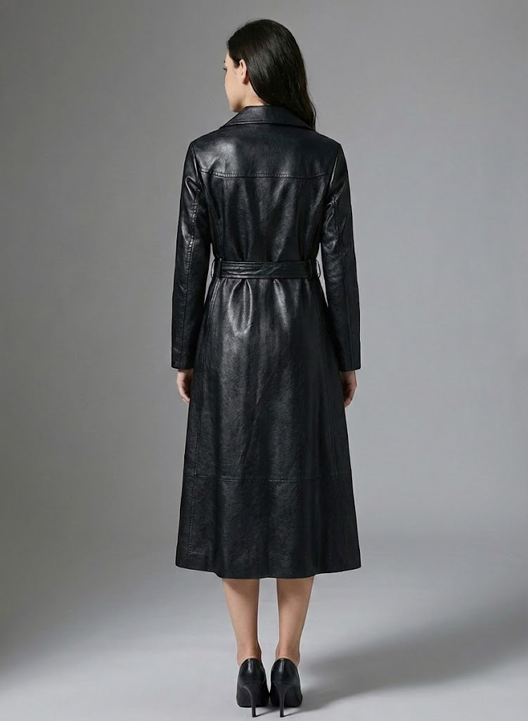 Long Black Leather Trench Coat - Left