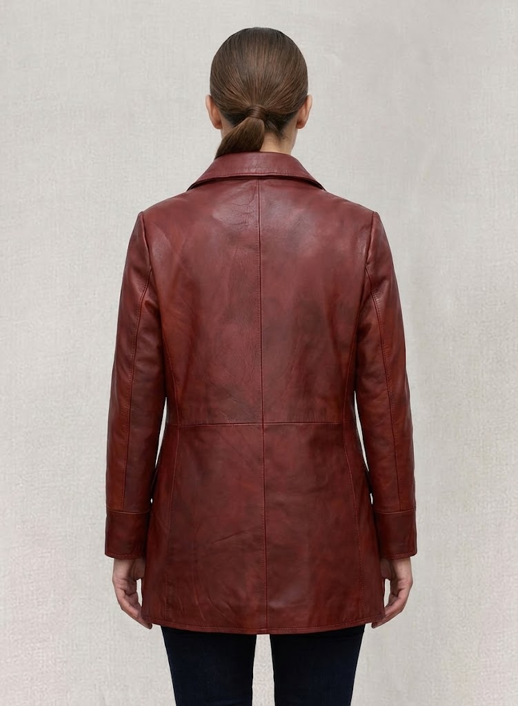 Maroon Leather Trench Coat for Women - Left