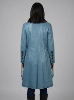 Women's Blue Leather Long Coat - Left