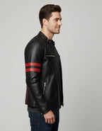 Men's Black Leather Biker Jacket with Red Stripes - Back