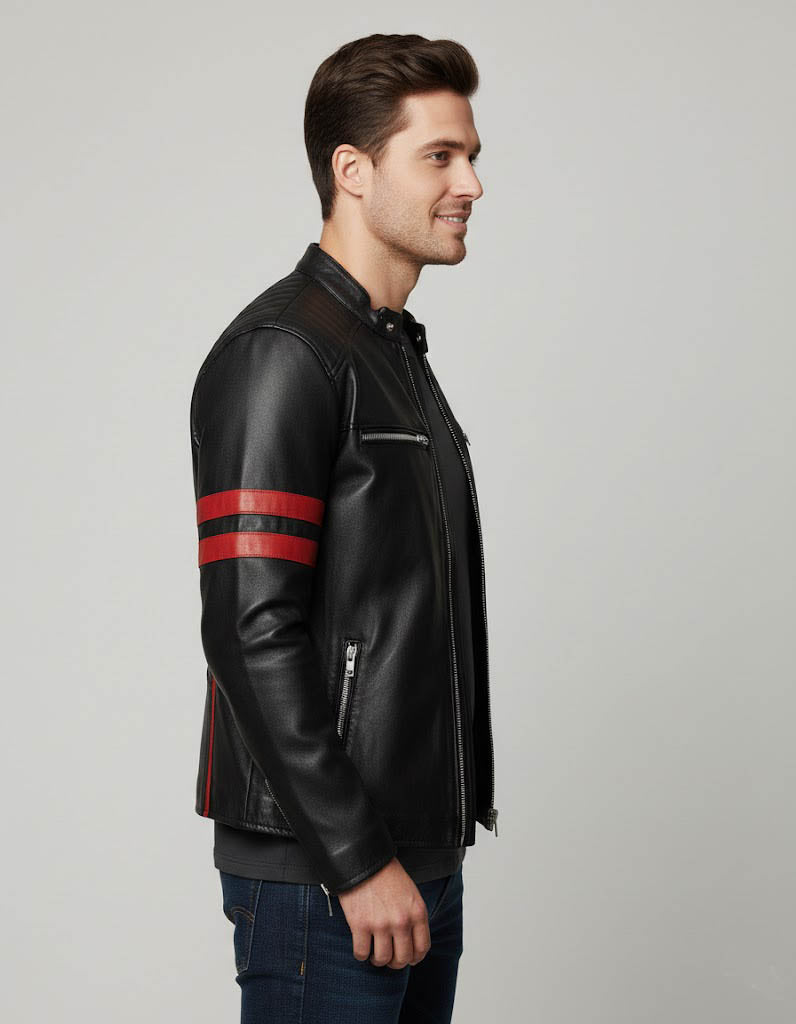 Men's Black Leather Biker Jacket with Red Stripes - Back