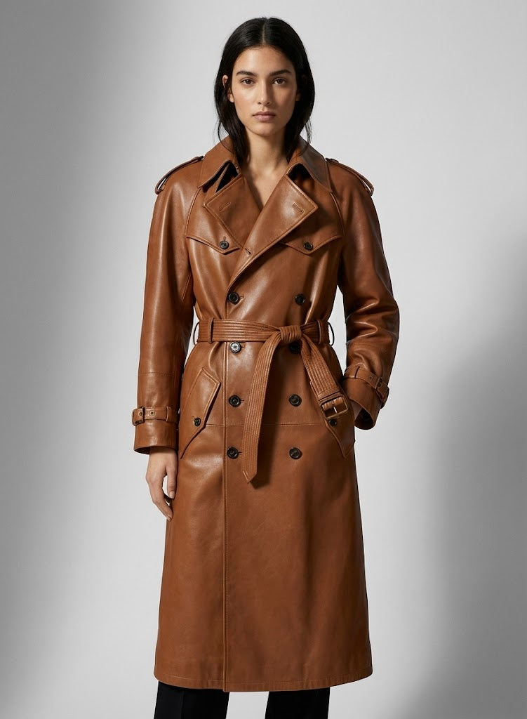 Women's Brown Leather Long Coat - Front