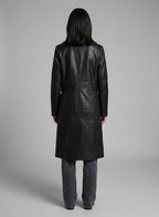 Women's Black Belted Leather Long Coat - Left