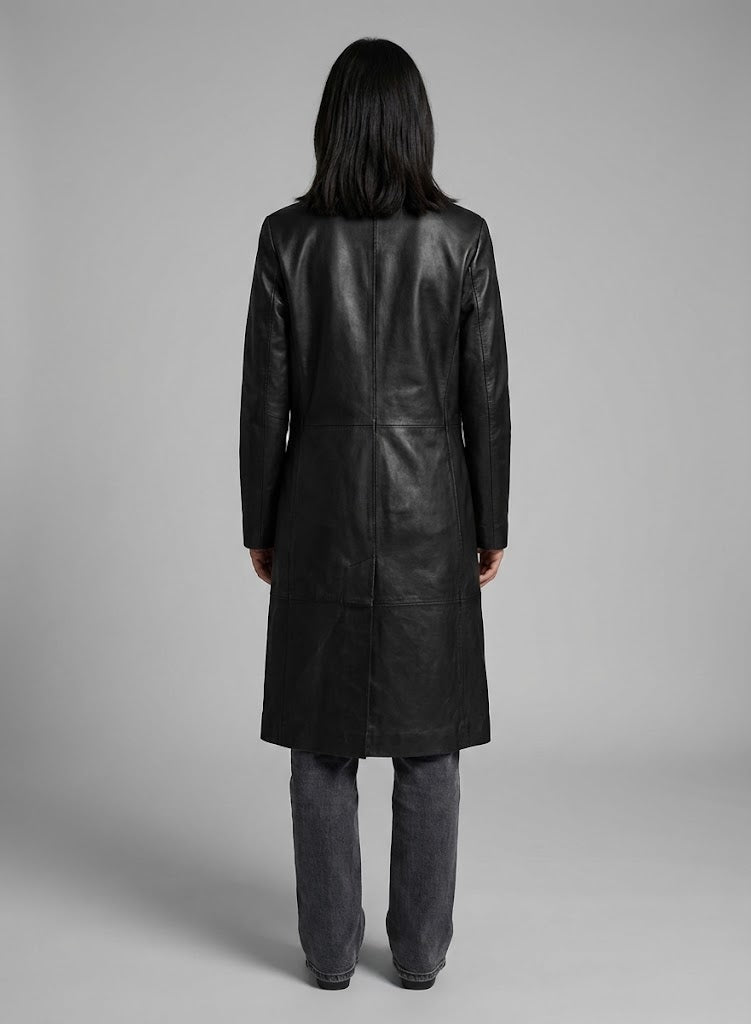 Women's Black Belted Leather Long Coat - Left
