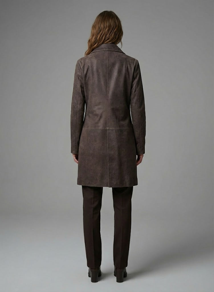 Women's Distressed Brown Leather Trench Coat - Left