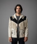 White Leather Western Jacket with Black Fringe - Front