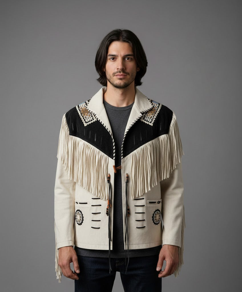 White Leather Western Jacket with Black Fringe - Front