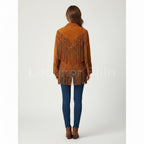 Women's Tan Western Fringe Suede Leather Jacket - Left