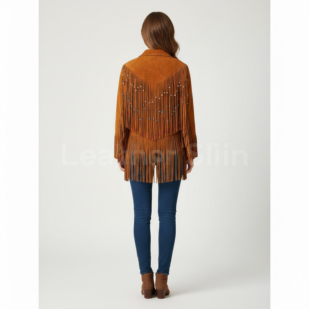 Women's Tan Western Fringe Suede Leather Jacket - Left