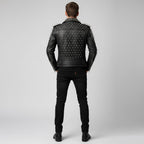 Men's Black Leather Jacket With Spikes - Left
