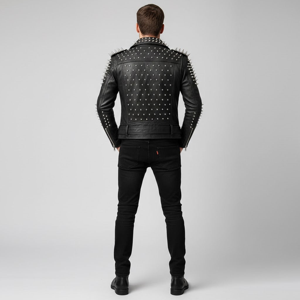 Men's Black Leather Jacket With Spikes - Left