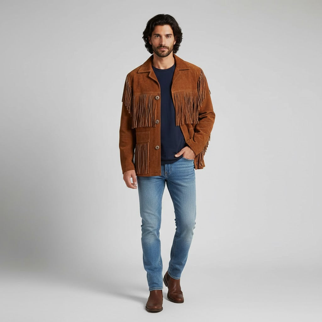 Men's Western Style Fringe Leather Jacket - Front