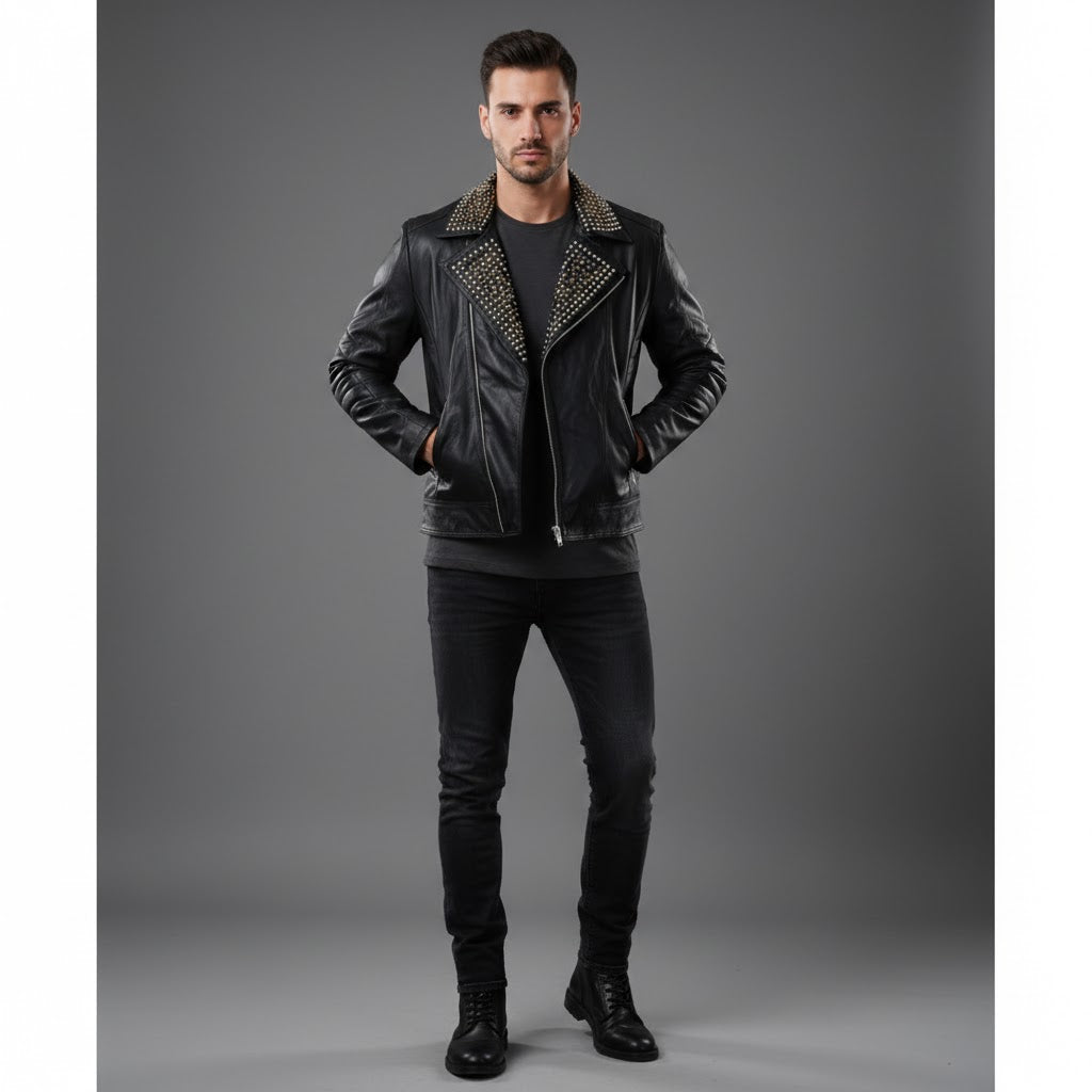 Men's Studded Lambskin Leather Jacket - Front
