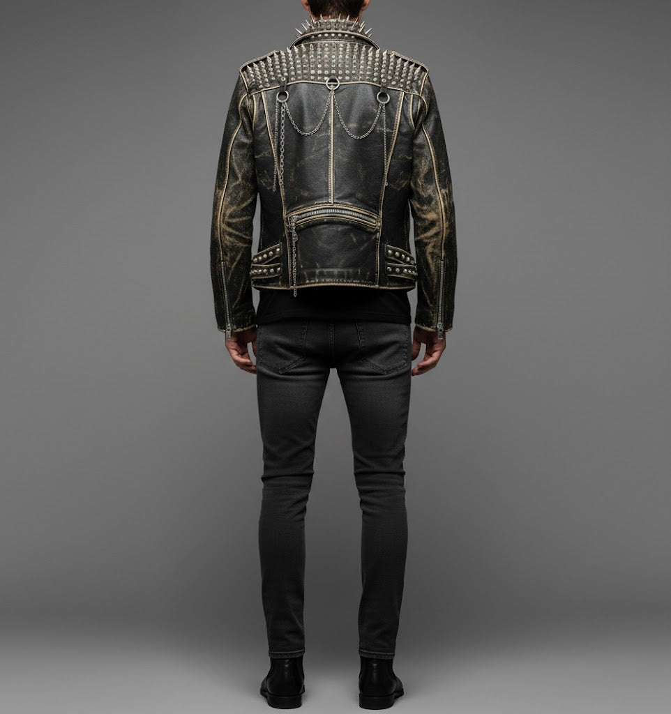 Men's Black Studded Leather Biker Jacket - Left