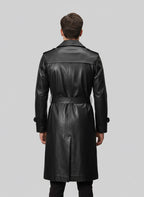Men's Black Leather Long Coat - Left
