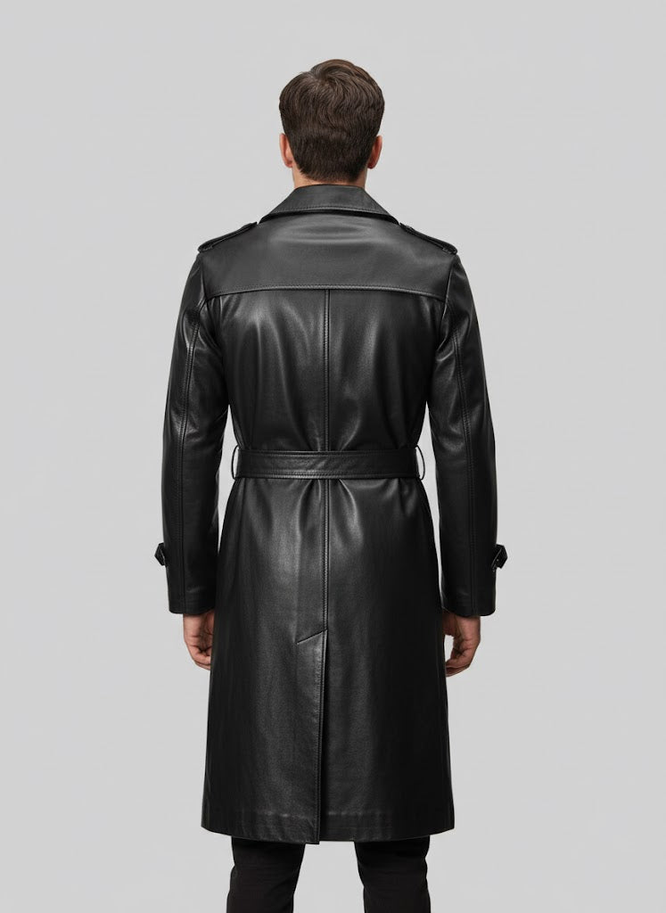 Men's Black Leather Long Coat - Left