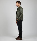 Men's Olive Green Cafe Racer Leather Jacket - Left