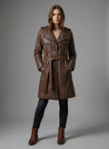 Women's Spanish Brown Leather Long Coat - Front